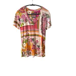 Johnny Was Romantic Short Sleeve V-Neck Tee T Shirt Top Size XS